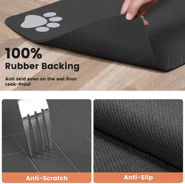 Foderunderlag til kæledyr 50x30 cm — Absorberende hurtigtørrende måtte til hunde- og katteskål — Vandtæt gummibagside — Mørkegrå stribe — Skridsikker spisemåtte