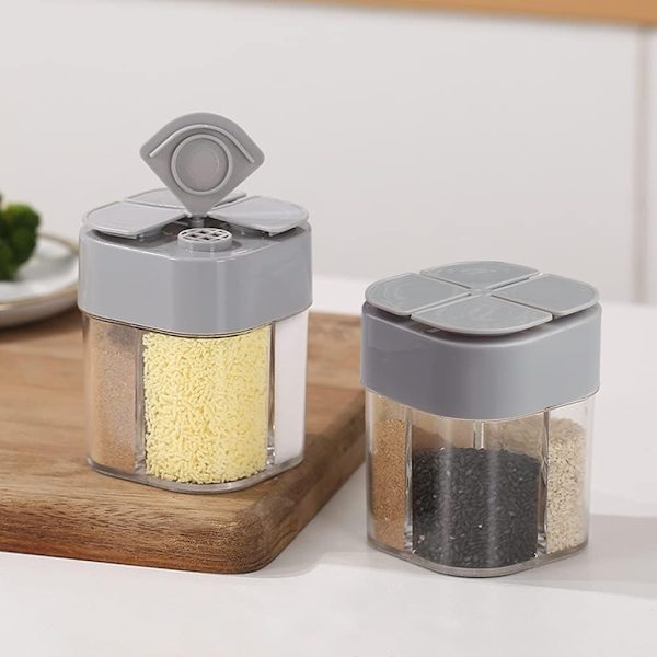 2-pack transparenta kryddburkar, 4-i-1 plastkrydddispenser med lock för kökskryddförvaring som används hemma, grillning, camping, resor