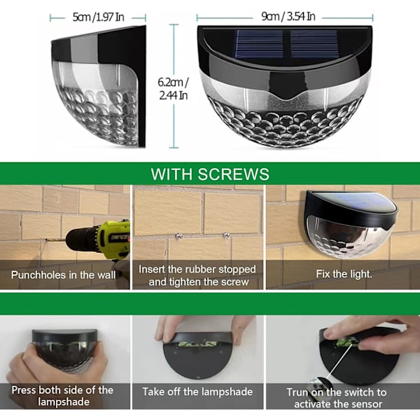 2-pack IP65 vattentäta utomhus LED-solcellslampor, 6 LED-solcellslampor för takrännor, uteplats, garage