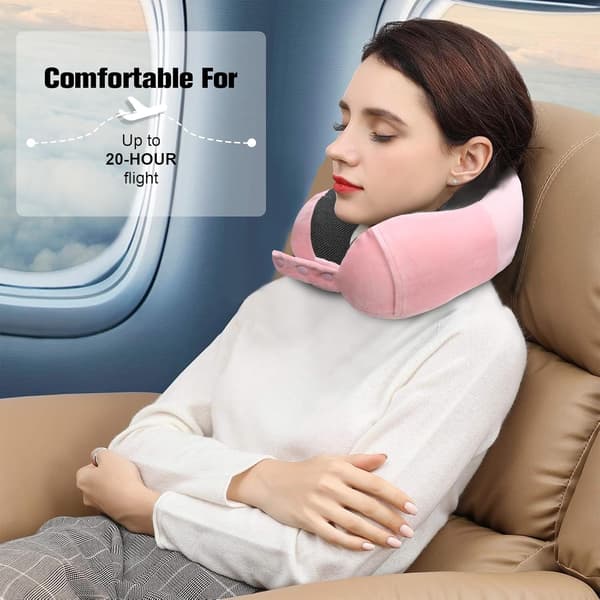 Memory Foam Travel Pillow, Adjustable & Compact Airplane Pillow, Ergonomically Designed, Includes Earplugs, Eye Mask & Storage Bag. pink
