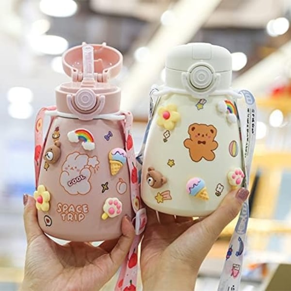 Kawaii vattenflaska, sugrör och stor mage kopp isolerad kallvattenflaska (500ml, grön)