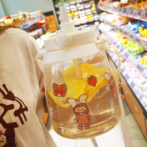 Kåsa, sommar stor kapacitet vattenkopp, 1300ML plastkopp, stor magekopp med sugrör och rem