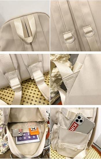 Kawaii Backpack with Cute Pin Accessories Plush Pendant School Backpack Cute Aesthetic Backpack-Beige