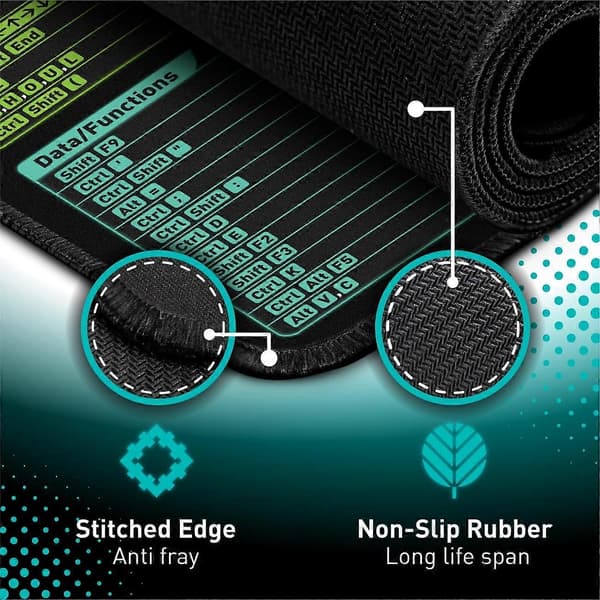 Excel Shortcut Mouse Pad - Extended Large XL Cheat Sheet Gaming Mouse Pad | PC Office Spreadsheet Keyboard Mat | Non-Slip Stitched Edge