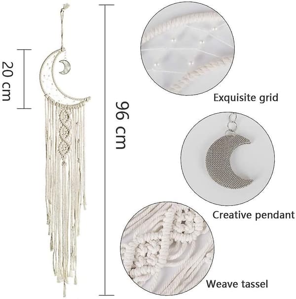 Macrame väggdekoration med LED-ljus, drömfångare i månform, vävd gobeläng