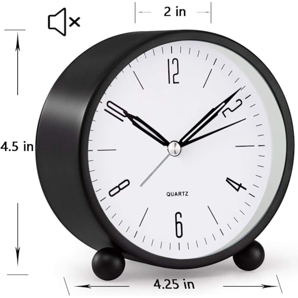 Analog väckarklocka, 4 tum super tyst icke tickande liten klocka med nattlampa, batteridriven,
