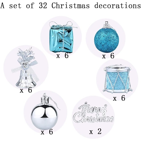 32 st passande julgranskulor, julgransdekoration, små jultrummor