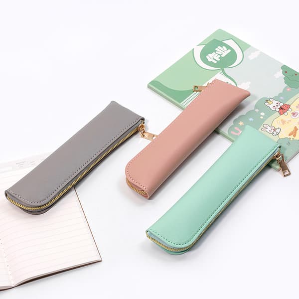 Small Solid Color Leather Pencil Case Large Capacity Pencil Case School Supplies Box - Gray