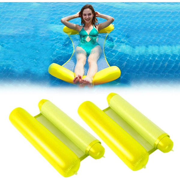 Set med 2 gula hopfällbara poolbäddar för vuxna och barn.
