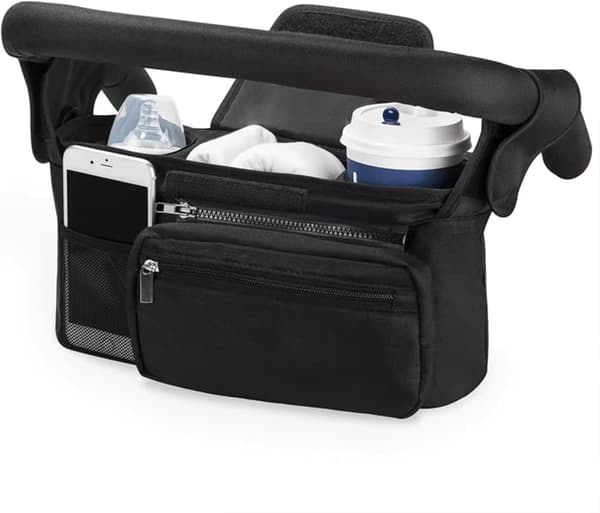 Black Stroller Organizer, Universal Stroller Bag with 2 Cup Holders, Insulated Bottle Holder, Large Pocket for Phone