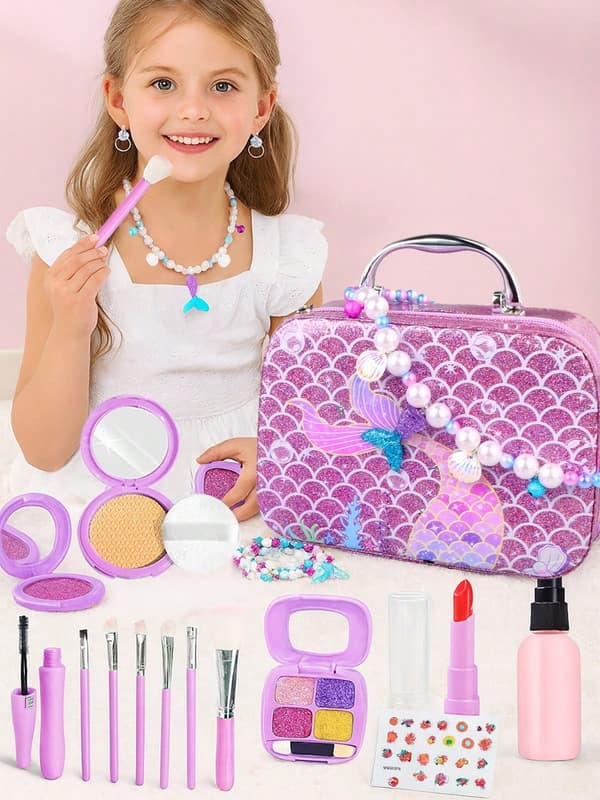 Legetøjs-makeupsæt til piger, havfrue-håndtaske, legetøjsgave, velegnet til pigelegetøj 3-6 år, ikke rigtig makeup