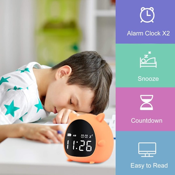 Digital barnklocka för barn, söt barnklocka med nedräkning / snooze / 2 larm / röst