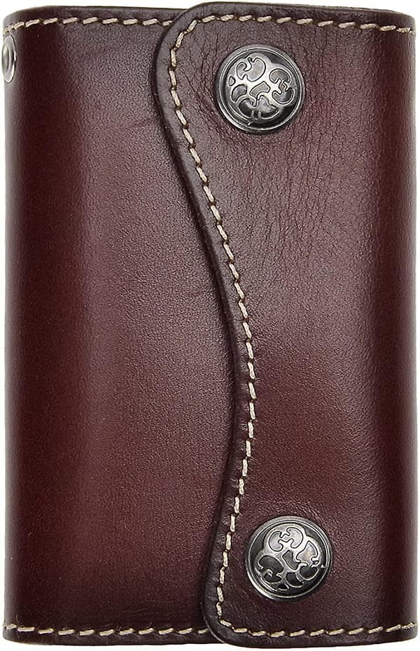 Genuine Leather Key Case Wallet 6 Hooks Snap Closure Key Holder with Card Slots