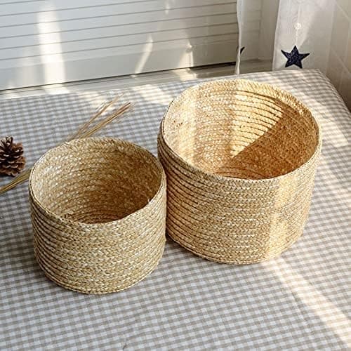 Rund Mini Förvaringskorg i Halm med Lock - Hållbar Vävd Organizer för Heminredning, Leksaksförvaring, Present (14 cm Diameter)
