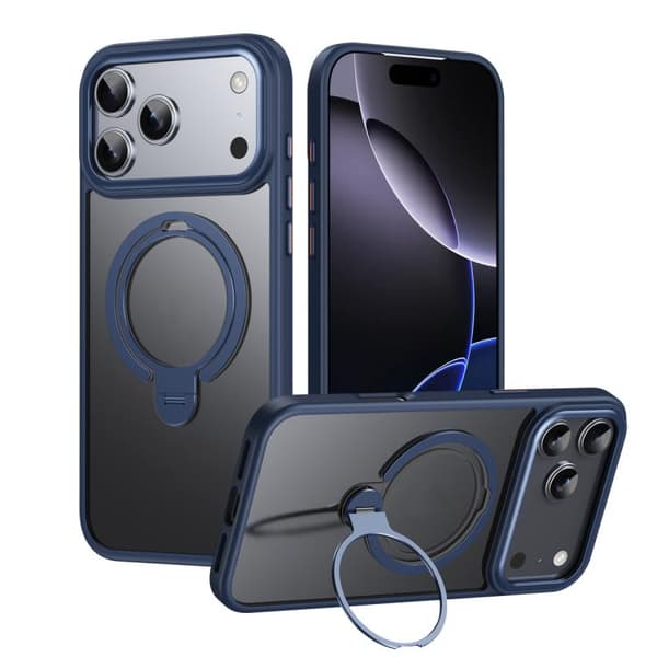 iPhone 17 Pro Max-deksel med dobbel ring MagSafe magnetisk holder Mattblå