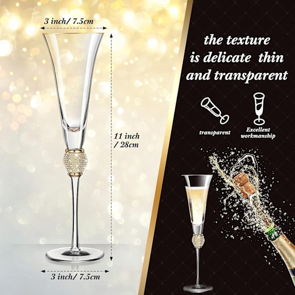 2 st Rhinestone Champagne Glas Bröllop Skål Glas Fälg Diamant Glas Långt Handtag