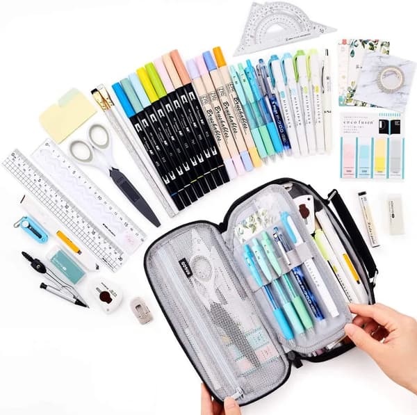 Pencil case, spacious pencil case with multiple compartments for pens for university, work, office, school, yellow (black)