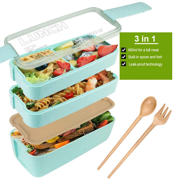 2025 Ny Bento Box Matlåda, 3-i-1 Fackbehållare, Läcksäker Miljövänlig Stapelbar Bento Matlåda för Matförberedelse