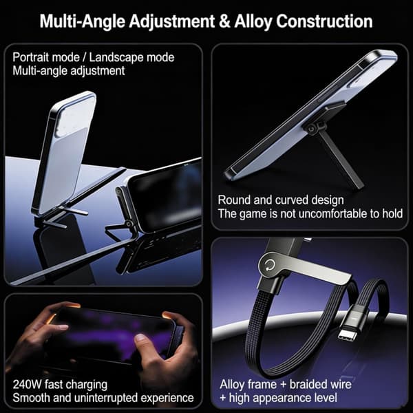 240w Braided Fast Charging Cable with Built-in Phone Stand