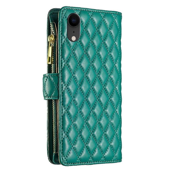 Diamond Check Leather Zipper Wallet Case for iPhone XR