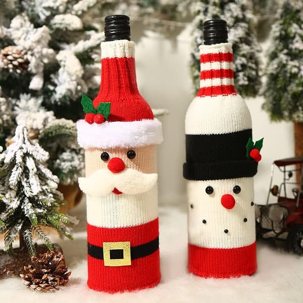 2-pack jultomte-snögubbe-flaskhållare, stickad jultomte-flaskhållare