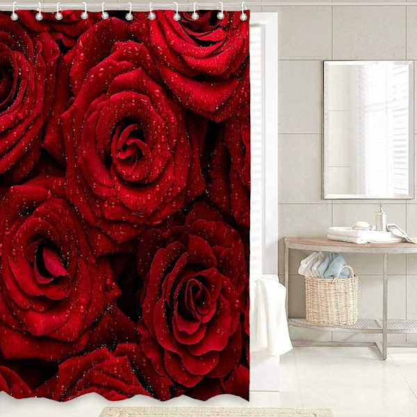 Rött ros duschdraperi för badrum, vattentätt regndroppar tyg badrum set 12 st krokar (72'' B x 72'' L)