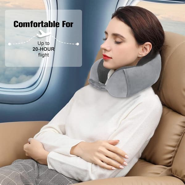 Memory Foam Travel Pillow, Adjustable & Compact Airplane Pillow, Ergonomically Designed, Includes Earplugs, Eye Mask & Storage Bag. grey