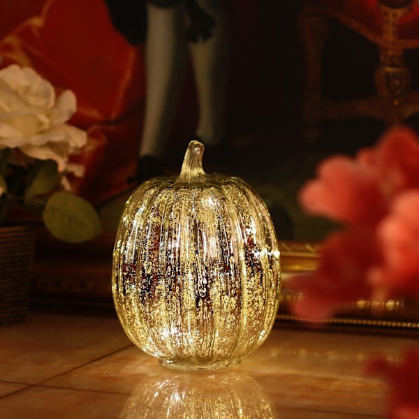 Halloween Pumpa Ljus LED Upplyst med Timer Pumpor Glas Höst och Heminredning, Silver, 7,5