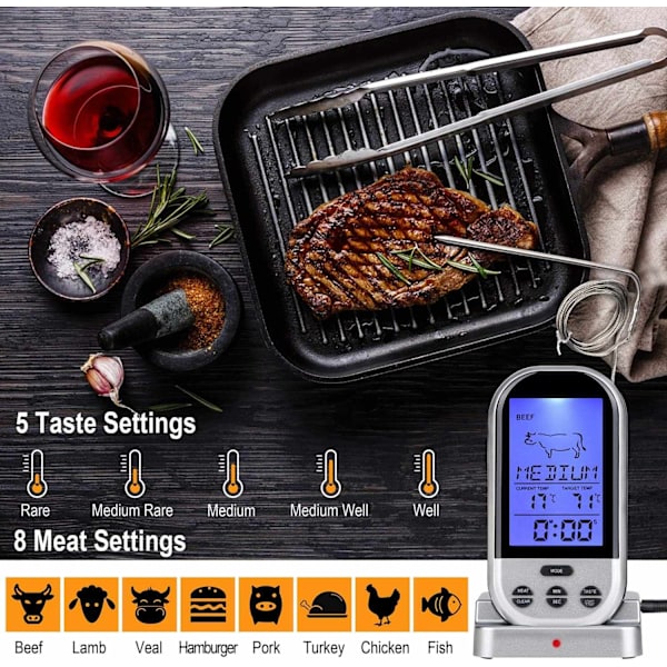 Trådlös kötttermometer, fjärrkötttermometer digital matlagningsmattermometer för matlagning, grill