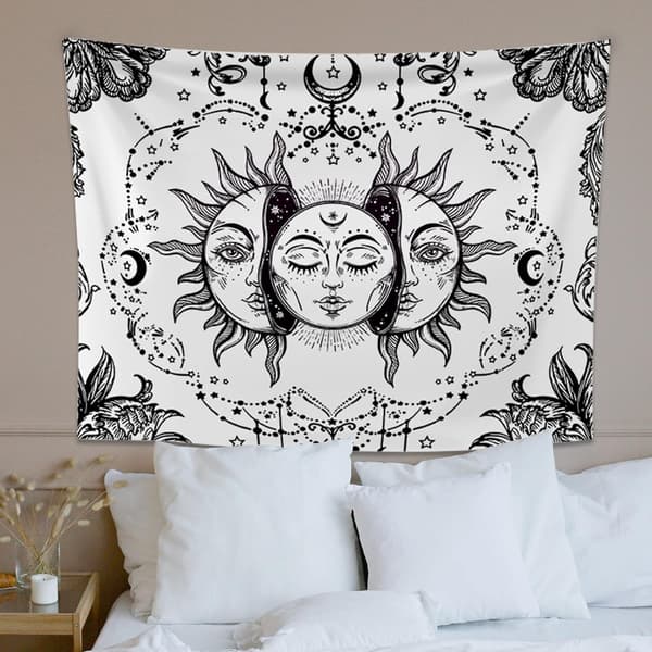 Sol och måne svartvit mandala väggbonad psykedelisk väggbonad som sovrum