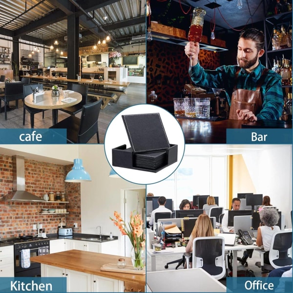 Underlägg Fyrkantig Underlägg PU Läder Underlägg Svart Bordstablett med Hållare för Kaffe Te Öl Drycker