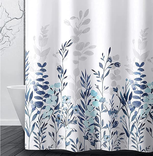Badrum Duschdraperi, Blå och Grå Duschdraperi, Akvarell Blomduschdraperi 180cm*180cm