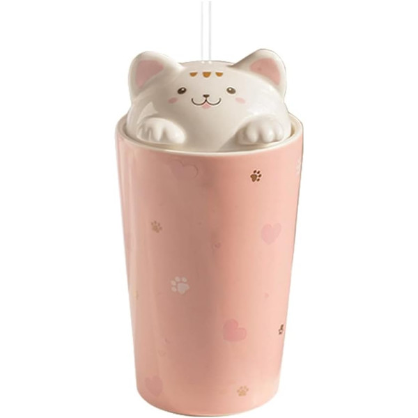 Katt Kaffe Mugg med Sugrör, Keramisk Resmugg med 3D Kattunge Lock, Återanvändbar Te, Mjölk, Bubble Tea
