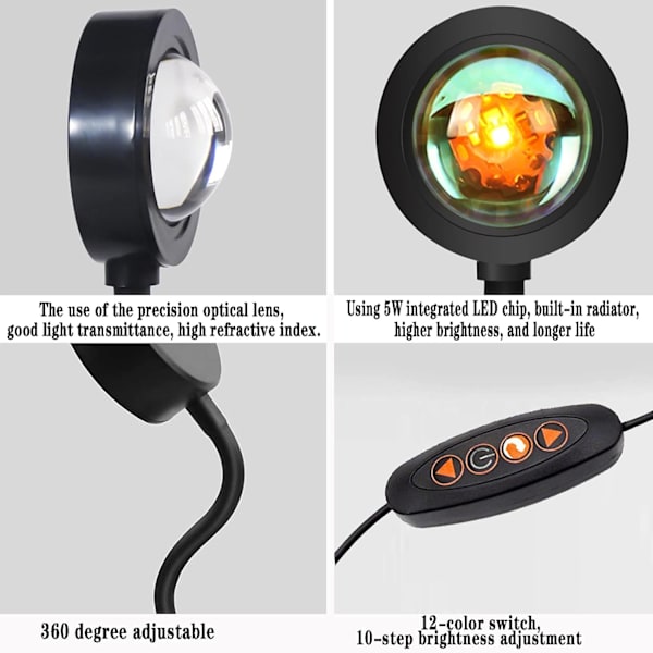Solnedgångslampa 12 färger LED regnbåge solnedgångsprojektionsljus LED nattljus 360° rotation solnedgångslampa