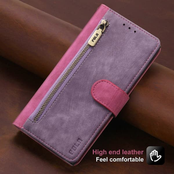POLA Two-Tone Wallet Case with Zipper RFID Leather Purple Pink Purple Pink For iPhone 13