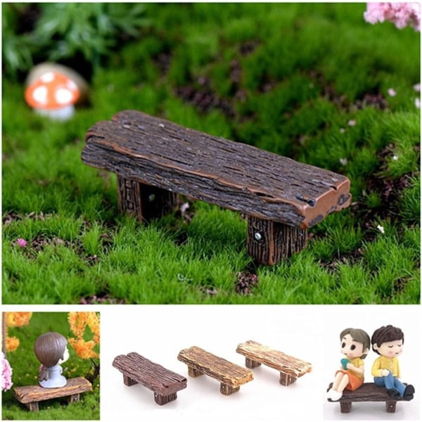 3 st miniatyrprydnader av träbänkar för fe-trädgård, landskap, bonsaidesign, dockhus