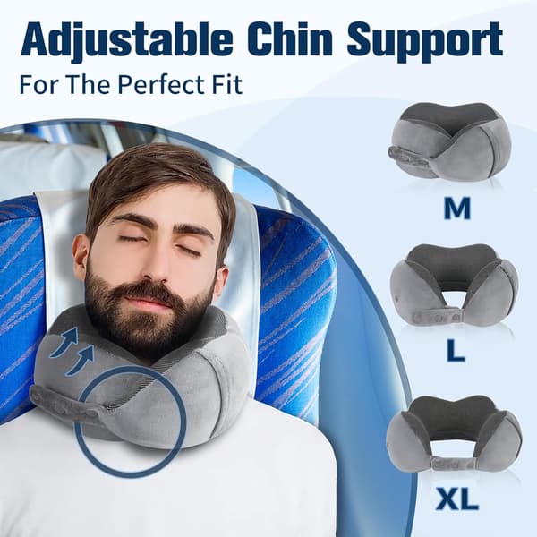 Memory Foam Travel Pillow, Adjustable & Compact Airplane Pillow, Ergonomically Designed, Includes Earplugs, Eye Mask & Storage Bag. grey