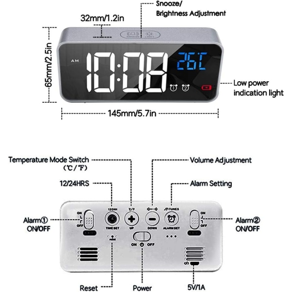 Digital väckarklocka, LED-väckarklocka med snooze-funktion, USB-portladdning (Silver)