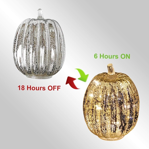 Halloween Pumpa Ljus LED Upplyst med Timer Pumpor Glas Höst och Heminredning, Silver, 7,5