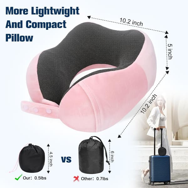 Memory Foam Travel Pillow, Adjustable & Compact Airplane Pillow, Ergonomically Designed, Includes Earplugs, Eye Mask & Storage Bag. pink