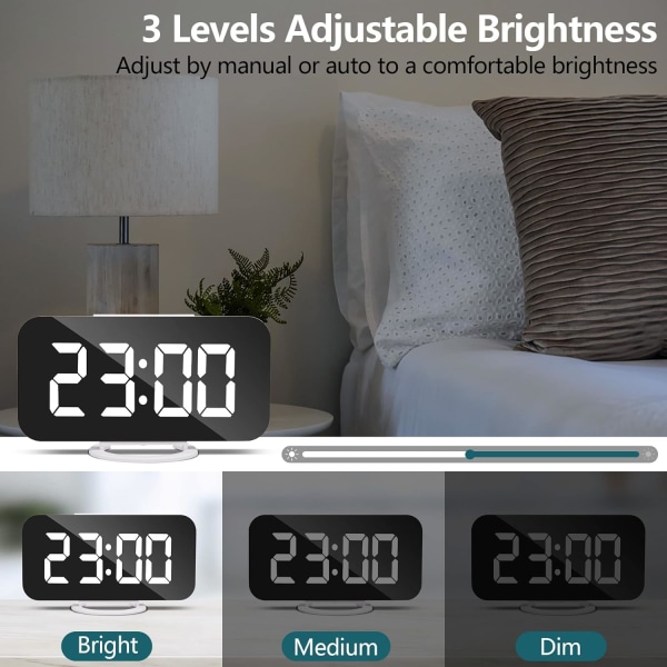 Väckarklocka med dimbar LED-display, digital väckarklocka, sängbordsalarm spegel väckarklocka, 3 dimm