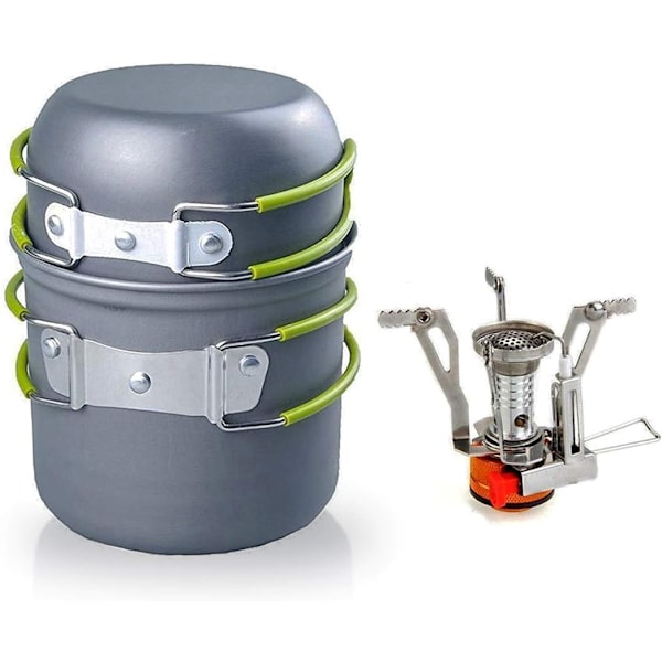 Utomhus Camping Köksredskap Ryggsäck Skål Gryta + Mini Behållare Spis Brännare Fällbar (2 delar set)