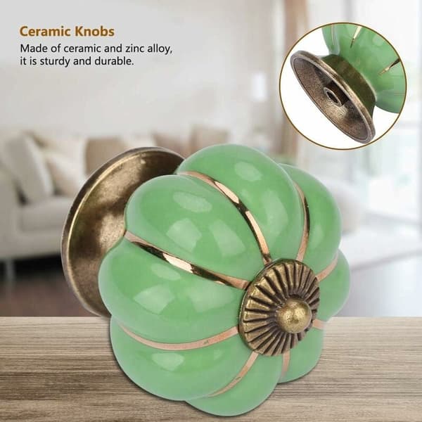 6 Green Ceramic Door Knobs, Pumpkin Door Knobs, Pumpkin Shaped Knob, with Screws, for Office Furniture, Kitchen Cabinets, Drawers and