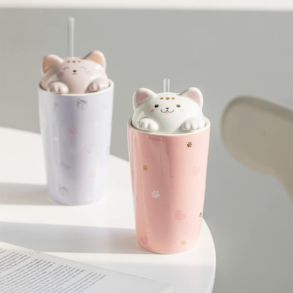 Katt Kaffe Mugg med Sugrör, Keramisk Resmugg med 3D Kattunge Lock, Återanvändbar Te, Mjölk, Bubble Tea