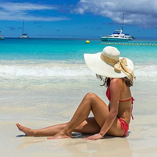 Women's 5.5 inch Large Bow Straw Hat Big Floppy Foldable Roll Up Beach Cap Sun Hat UPF 50+ Khaki