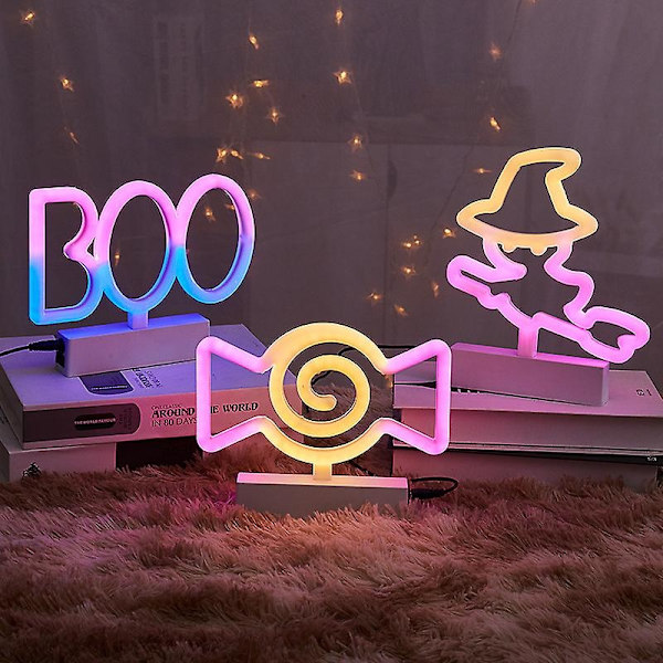 2025 Ny Led Häxa Neonljus, Halloween Dekorationsljus, Rosa Gul Häxa Neonskylt Med Batteri Och USB