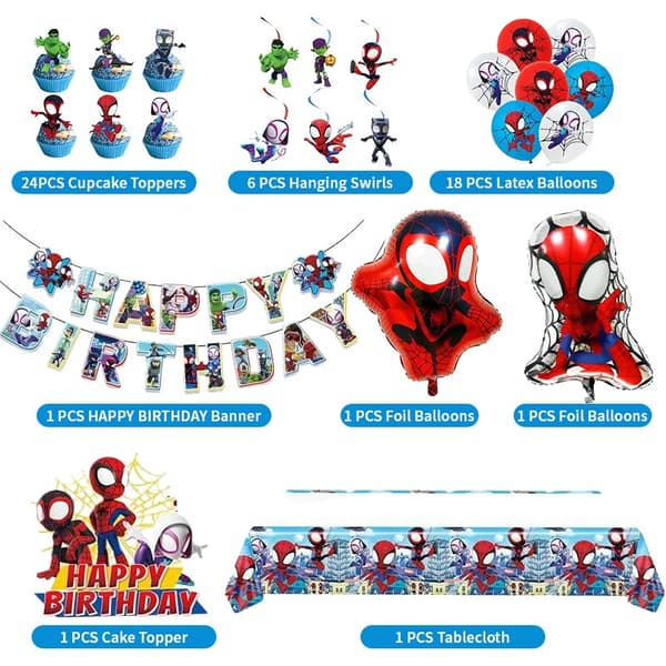 Bursdagsdekorasjoner med Spiderman-tema, kaketopper, bursdagsflagg og ballonger