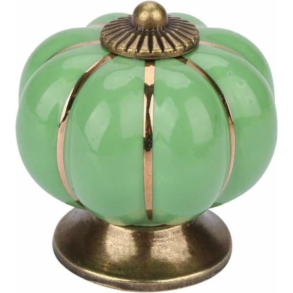 6 Green Ceramic Door Knobs, Pumpkin Door Knobs, Pumpkin Shaped Knob, with Screws, for Office Furniture, Kitchen Cabinets, Drawers and