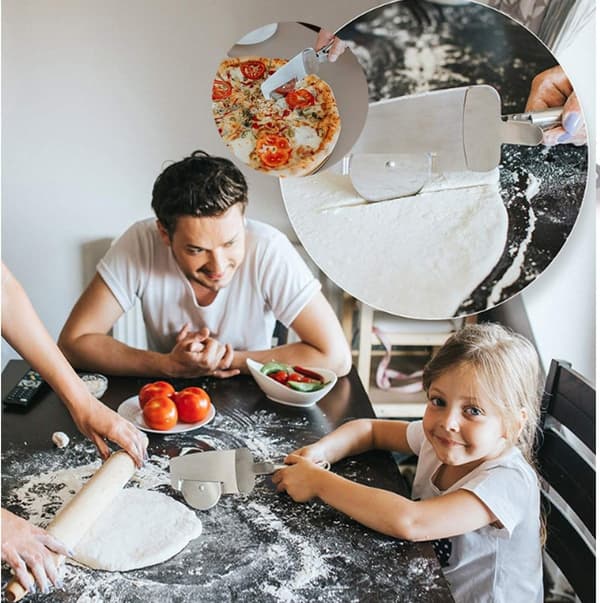 2-delad pizzaskärare i rostfritt stål för 4-i-1-multifunktion för att skära pizza