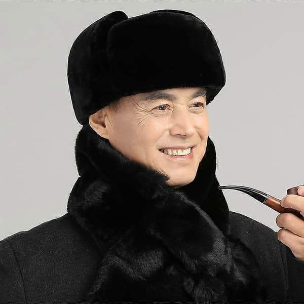 Äkta Läder Bomber Hatt Medelålders Äldre Vinter Öronmuff...